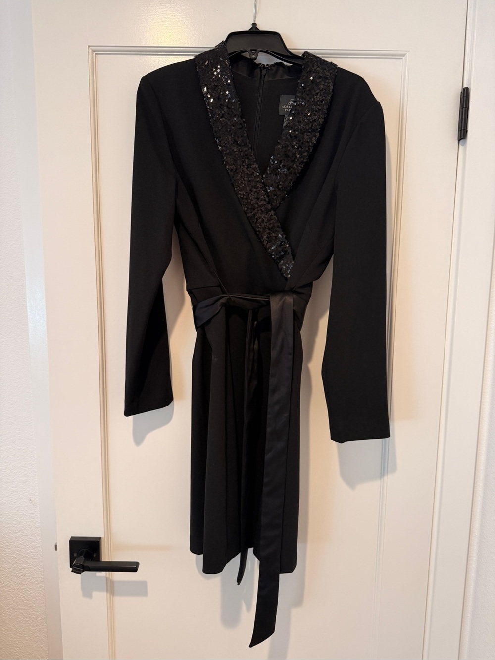 Adrianna Papell Black Sequin Shawl Collar Tuxedo Dress